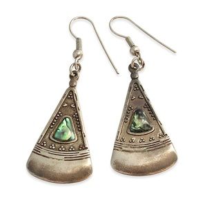 Vintage Abalone Shell Dangle Earrings Silver Tone Triangle Granulated Bohemian
